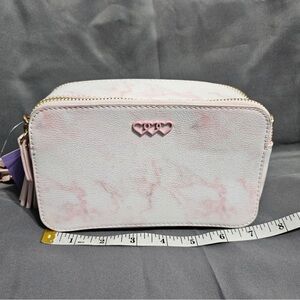 Claire’s sold out pink and white marbled crossbody bag with heart detail